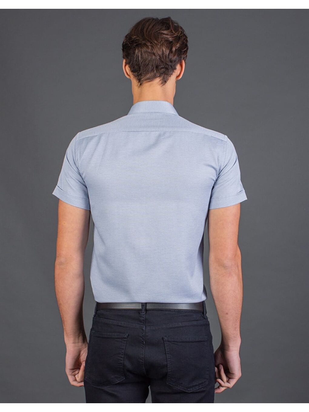 Modern Slim Fit Kısa Kollu Armürlü Erkek Mavi Gömlek-2