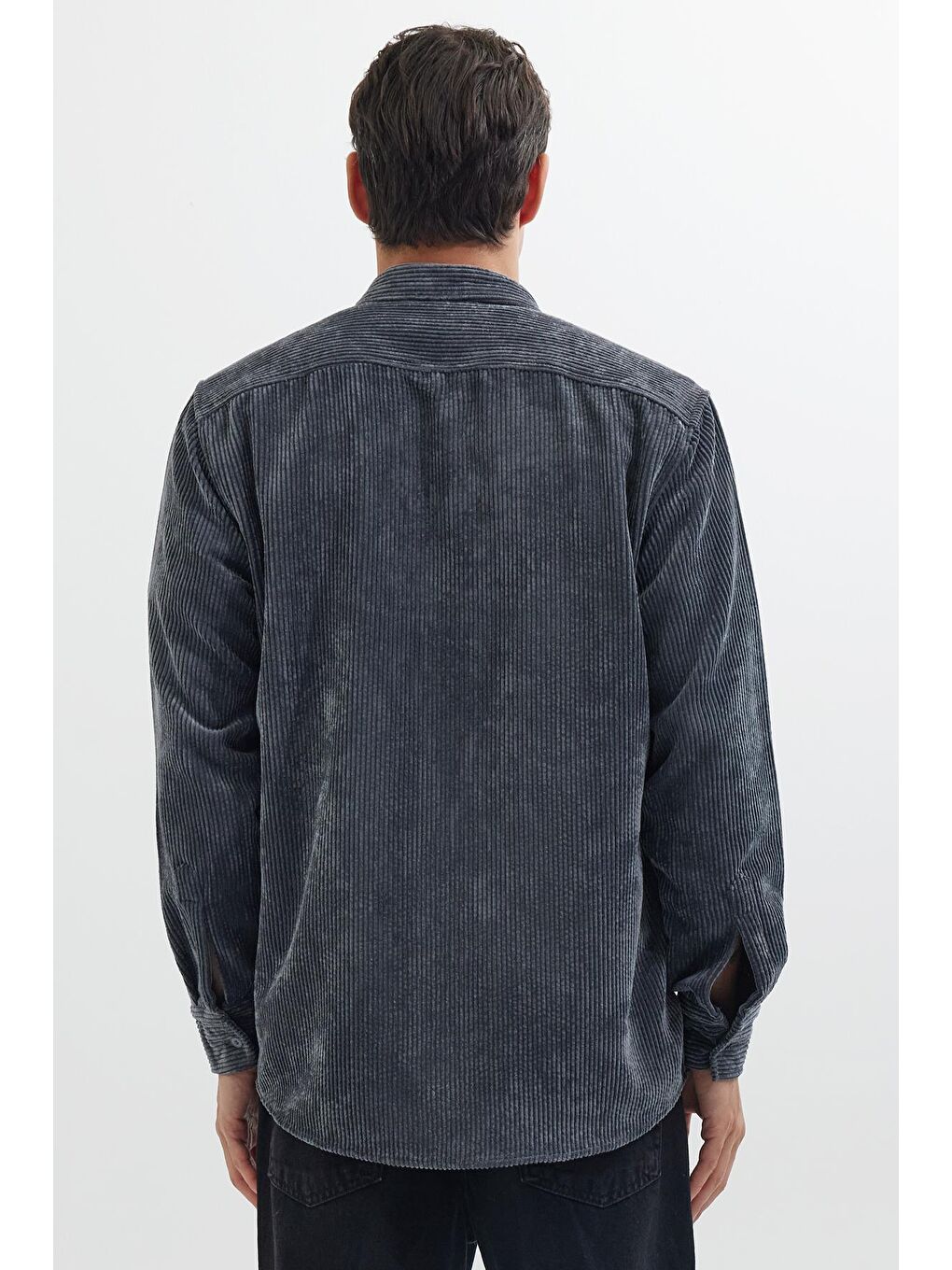 Erkek Regular Fit Rahat Kesim Fitilli Kadife Görünüm Düğmeli Yaka Gri Ceket Gömlek-6