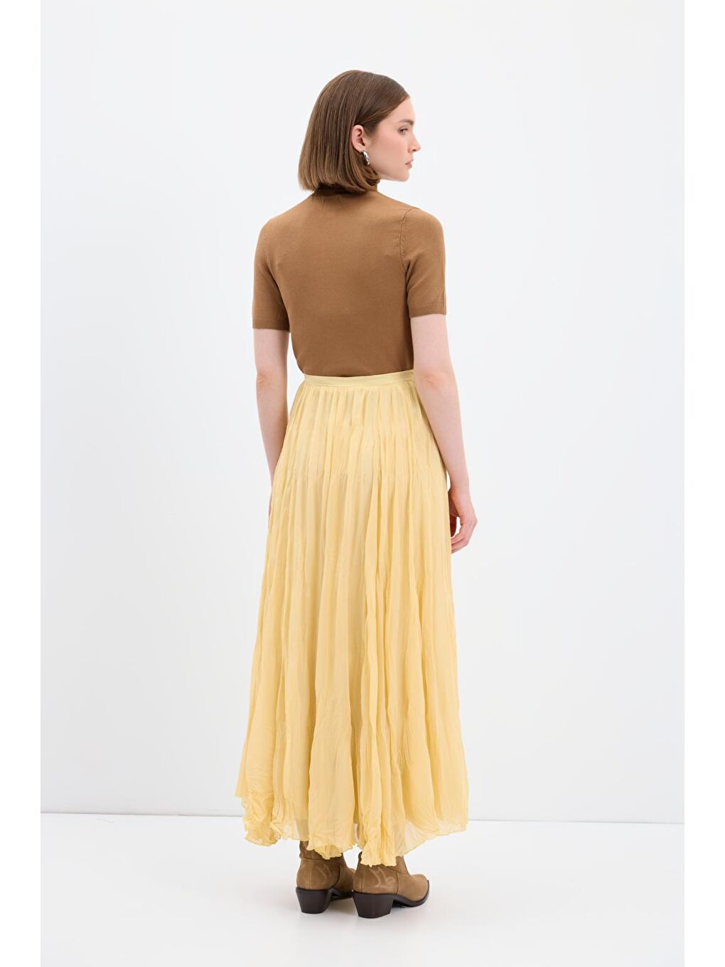 Kırışık Görünümlü Uzun Kloş Etek Sarı-4