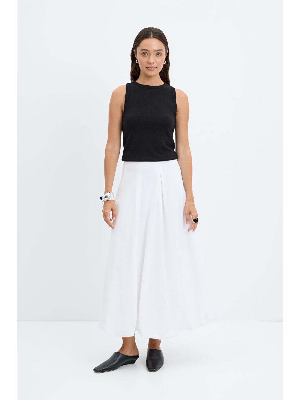 Yüksek Bel Pile Detaylı Balon Etek Ekru