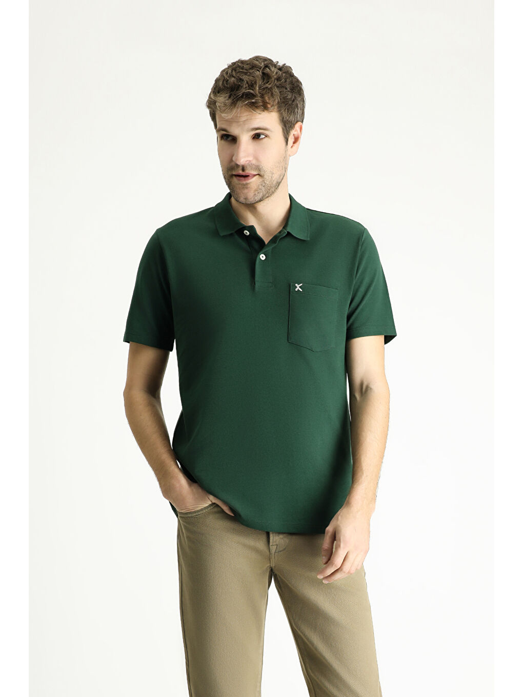 Yeşil Polo Yaka Regular Fit Nakışlı Pamuk %100 Pamuk Tişört