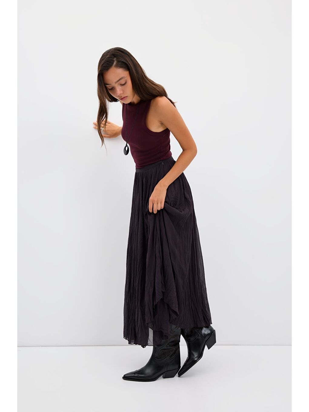 Kırışık Görünümlü Uzun Kloş Etek Antrasit-2