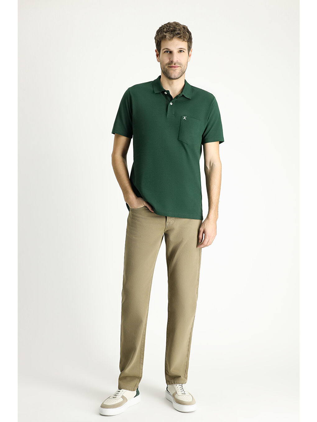 Yeşil Polo Yaka Regular Fit Nakışlı Pamuk %100 Pamuk Tişört-1