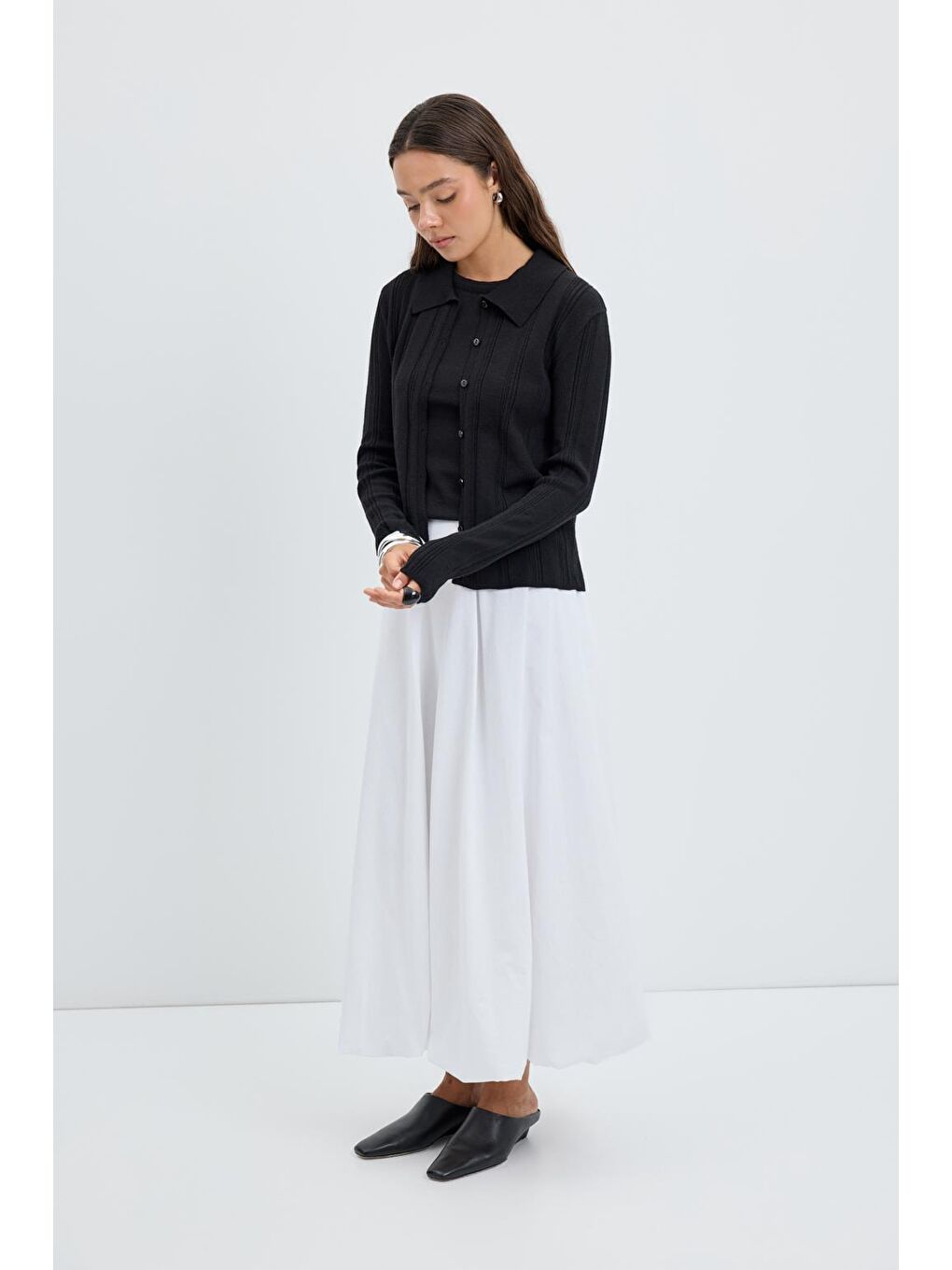 Yüksek Bel Pile Detaylı Balon Etek Ekru-2