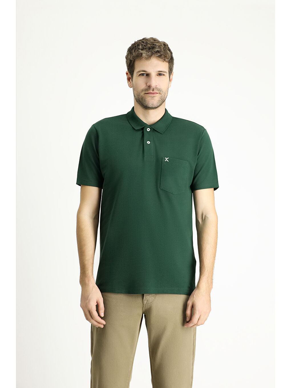 Yeşil Polo Yaka Regular Fit Nakışlı Pamuk %100 Pamuk Tişört-2