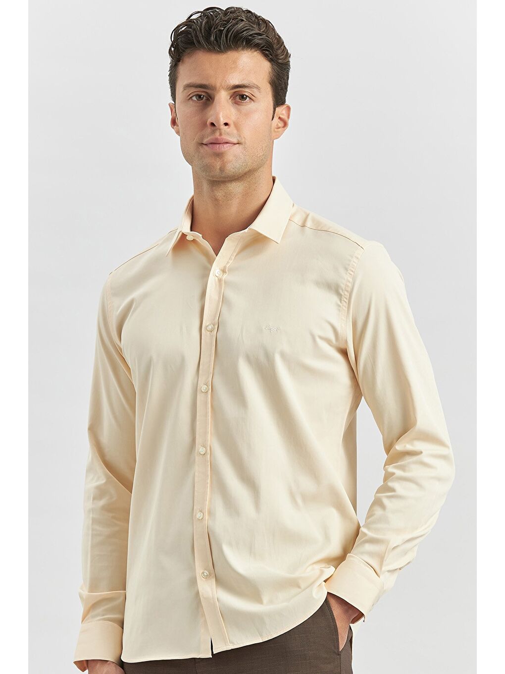 Açık Bej Uzun Kol Düz Bez Ayağı 032 Sert Yaka Classic Slim Fit Gömlek 1004240334-2