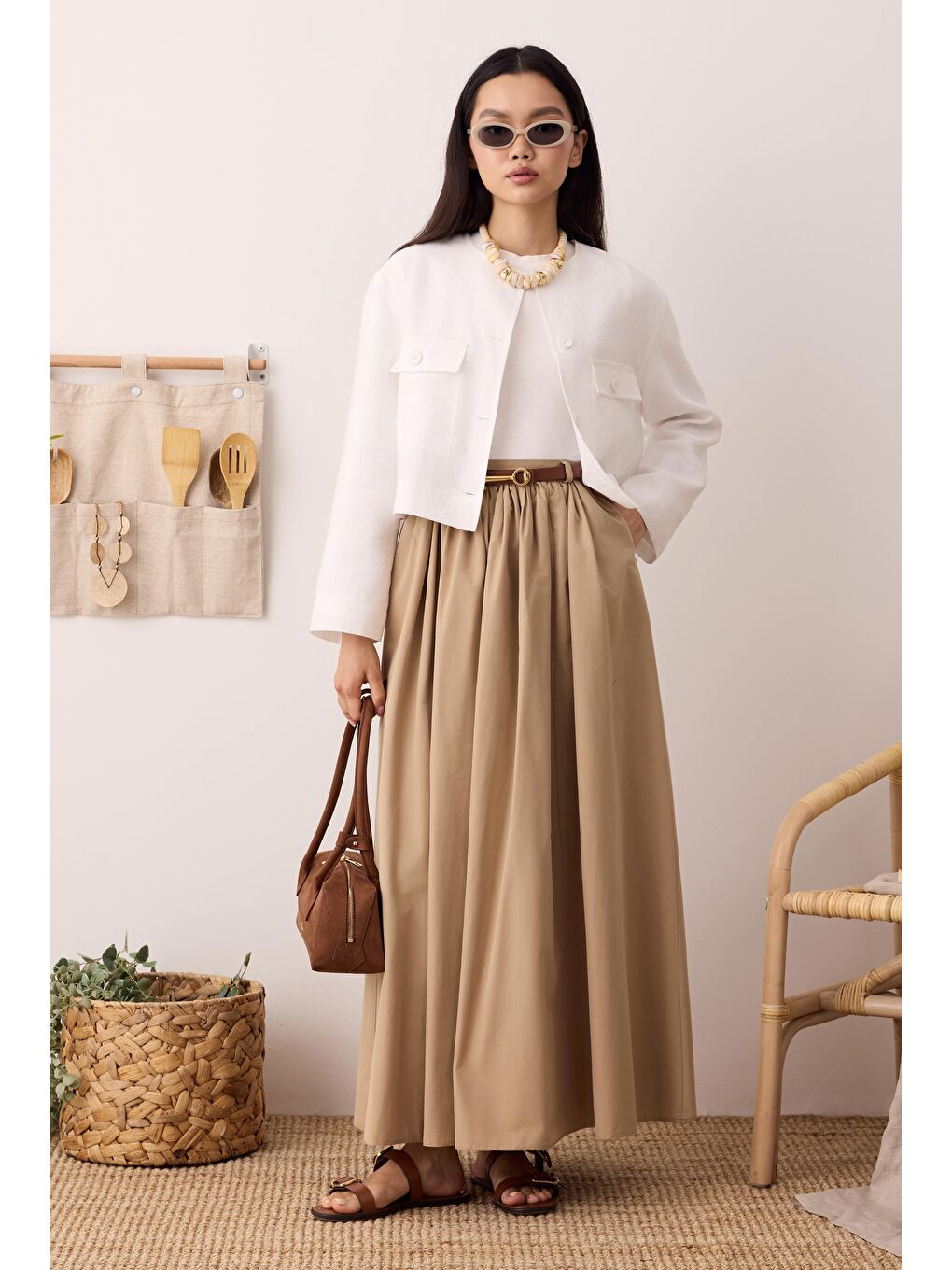 Büzgülü Kanvas Etek Koyu Bej