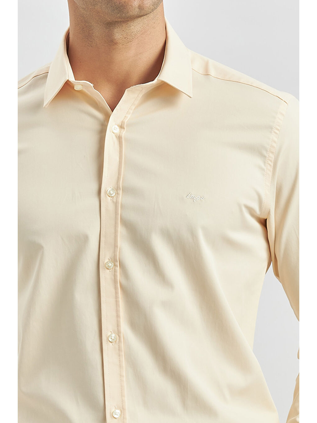Açık Bej Uzun Kol Düz Bez Ayağı 032 Sert Yaka Classic Slim Fit Gömlek 1004240334-3
