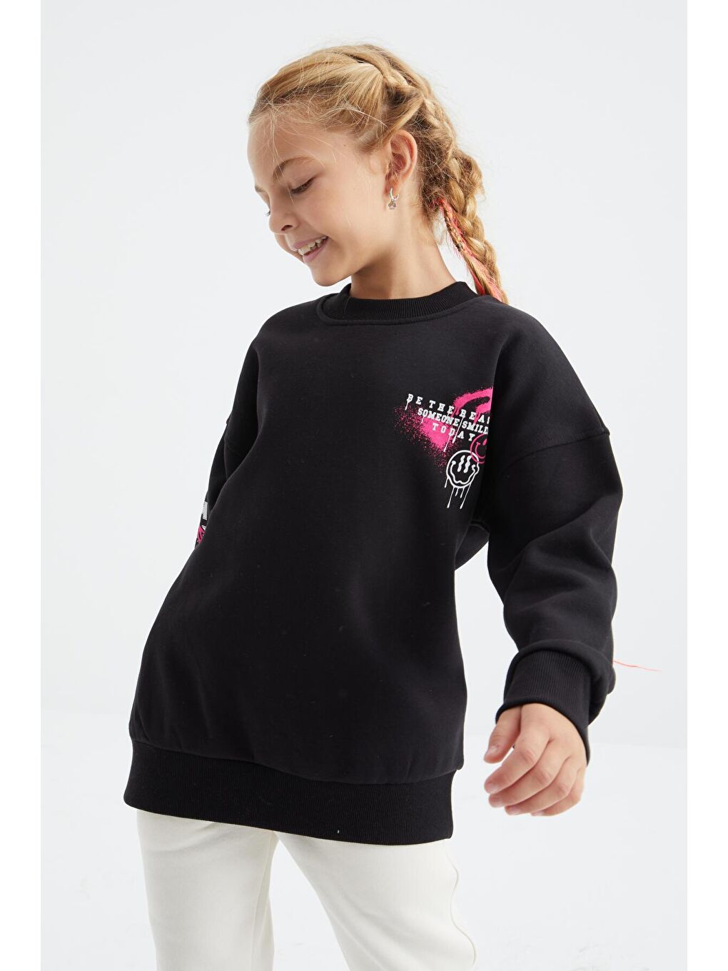 Siyah Baskı Detaylı O Yaka Kız Çocuk Sweatshirt - 75095