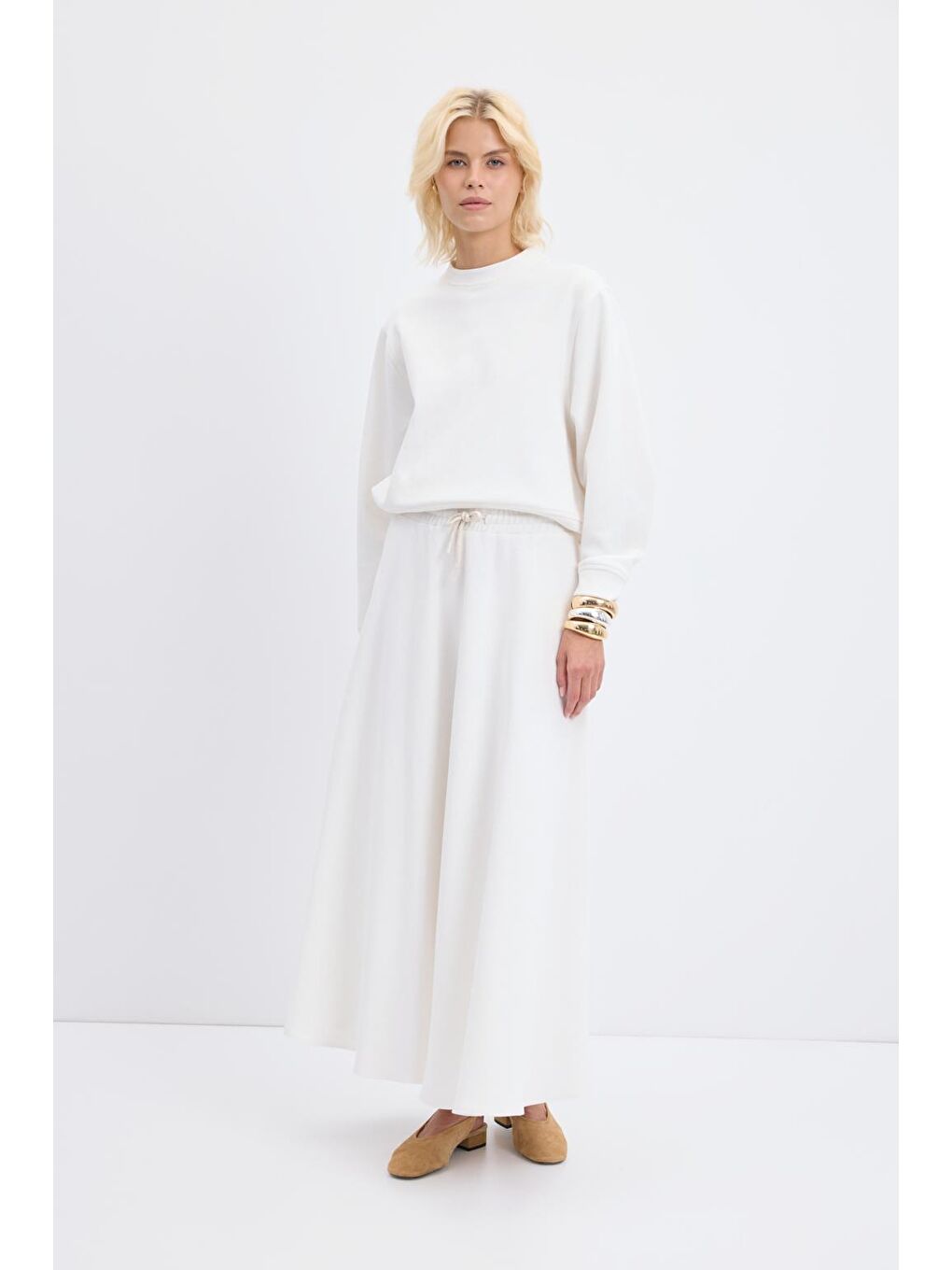 Yüksek Bel Bağcıklı Geniş Form Kloş Etek Ekru-1