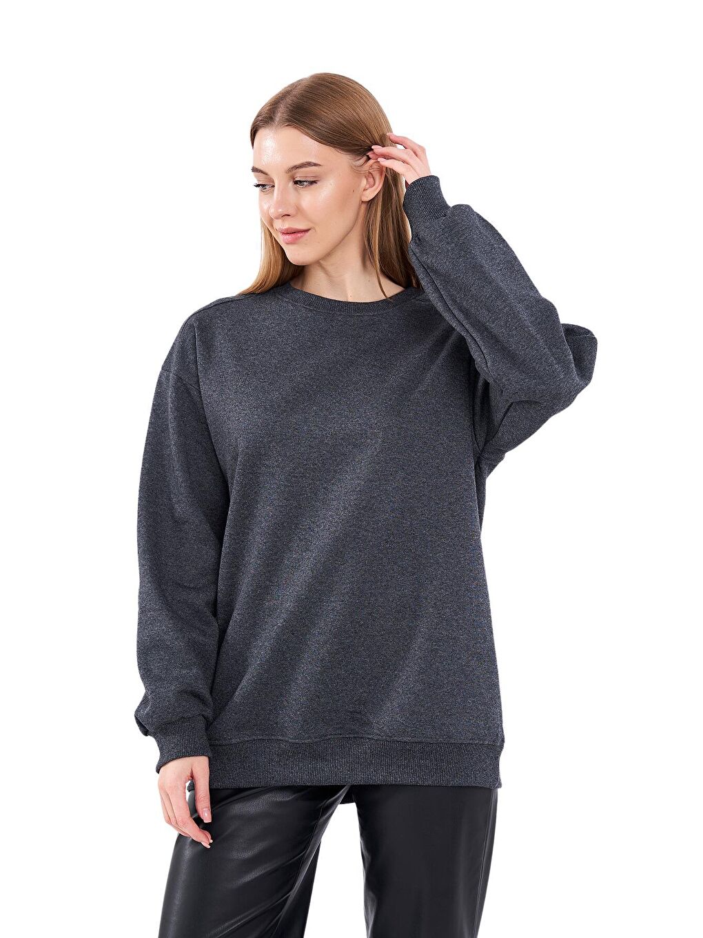 MMETALIC Antrasit Kadın Pamuklu Oversize Basic Bisiklet Yaka Sweatshirt