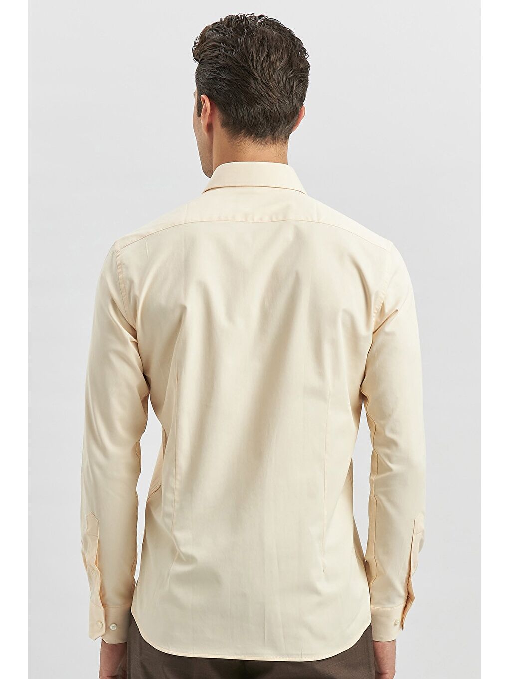 Açık Bej Uzun Kol Düz Bez Ayağı 032 Sert Yaka Classic Slim Fit Gömlek 1004240334-5