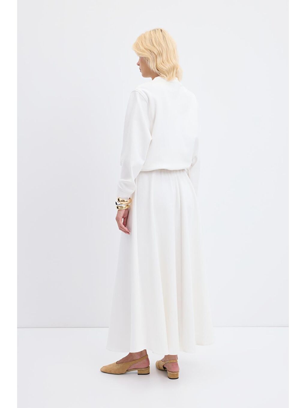 Yüksek Bel Bağcıklı Geniş Form Kloş Etek Ekru-4