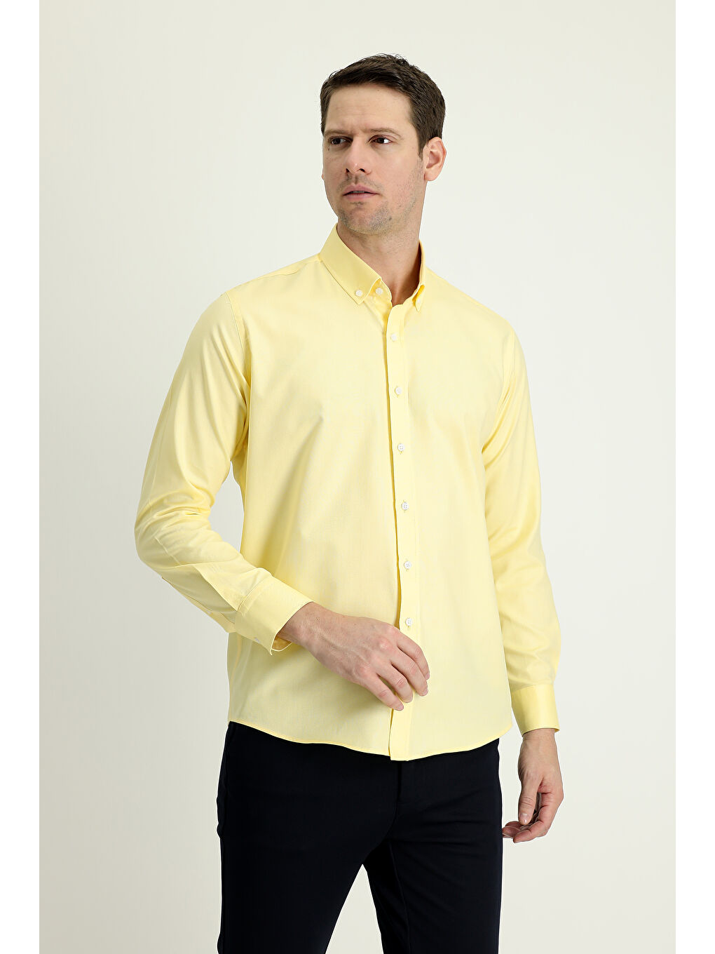 Sarı Uzun Kol Slim Fit Dar Kesim Oxford Pamuk Düğmeli Yaka %100 Pamuk Gömlek-1