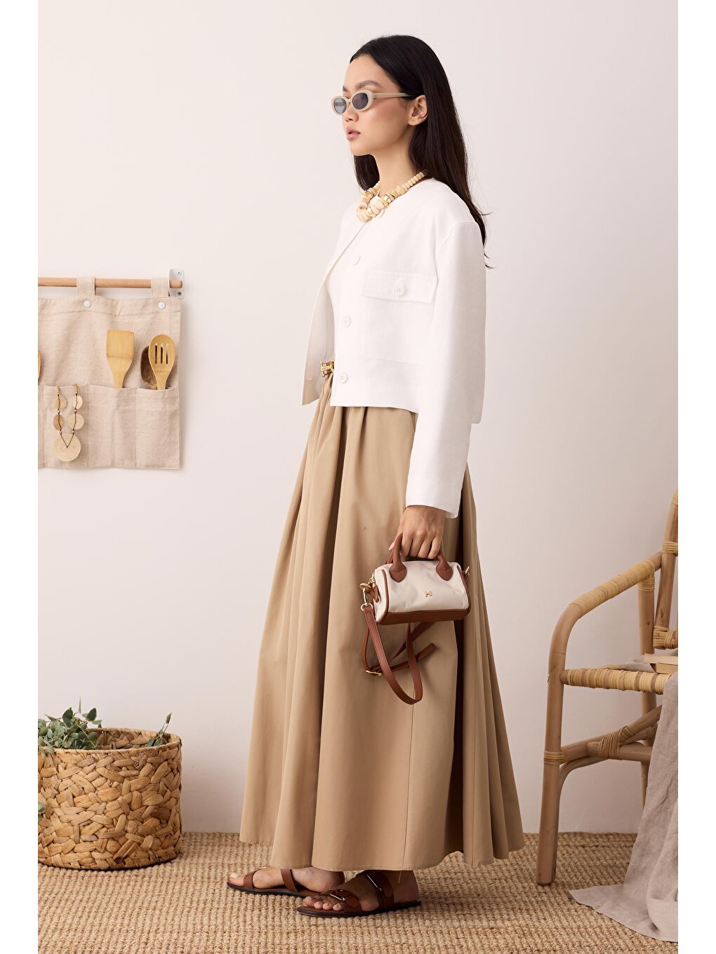 Büzgülü Kanvas Etek Koyu Bej-1