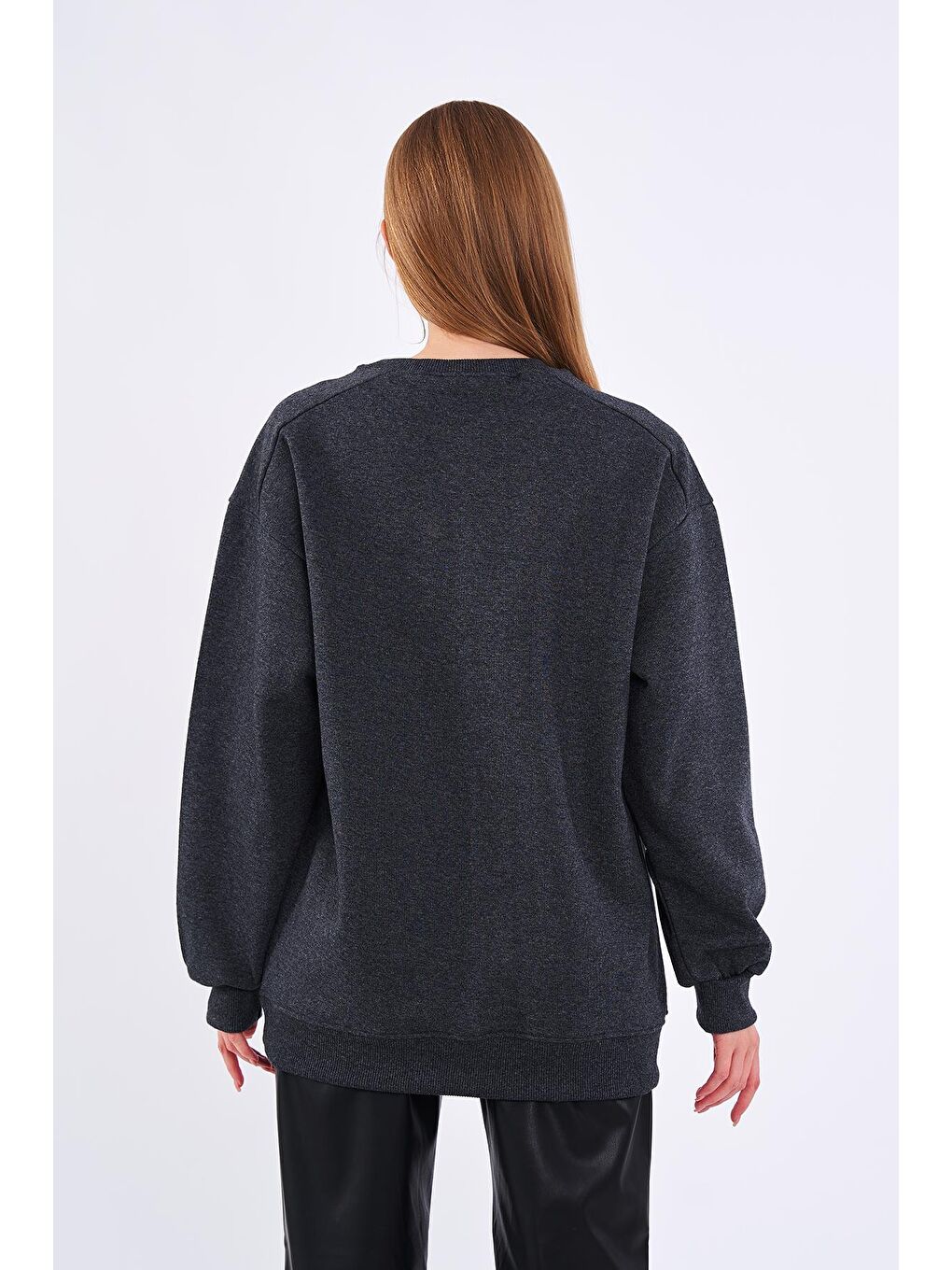 MMETALIC Antrasit Kadın Pamuklu Oversize Basic Bisiklet Yaka Sweatshirt - 4