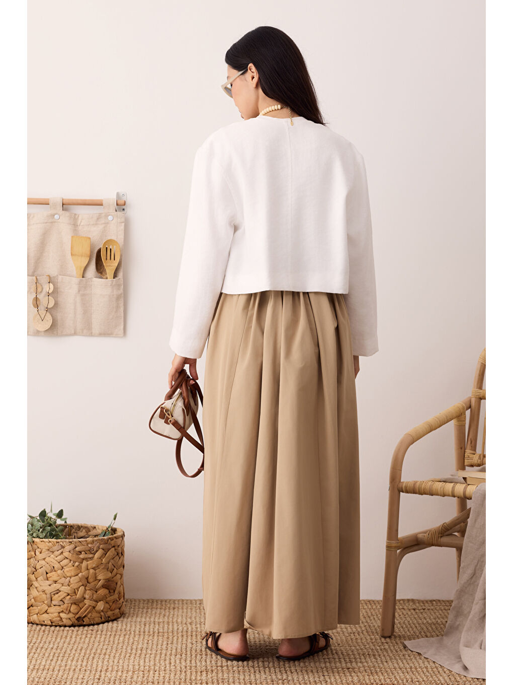 Büzgülü Kanvas Etek Koyu Bej-2