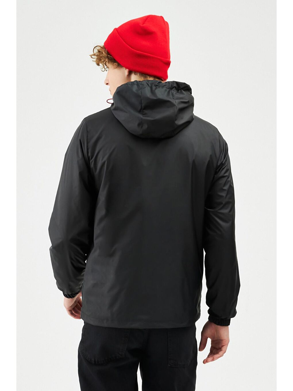 Siyah Erkek Beyaz Suya Dayanıklı Kapüşonlu İçi Astarlı Cepli Yağmurluk - Rüzgarlık Ceket Y-25-5