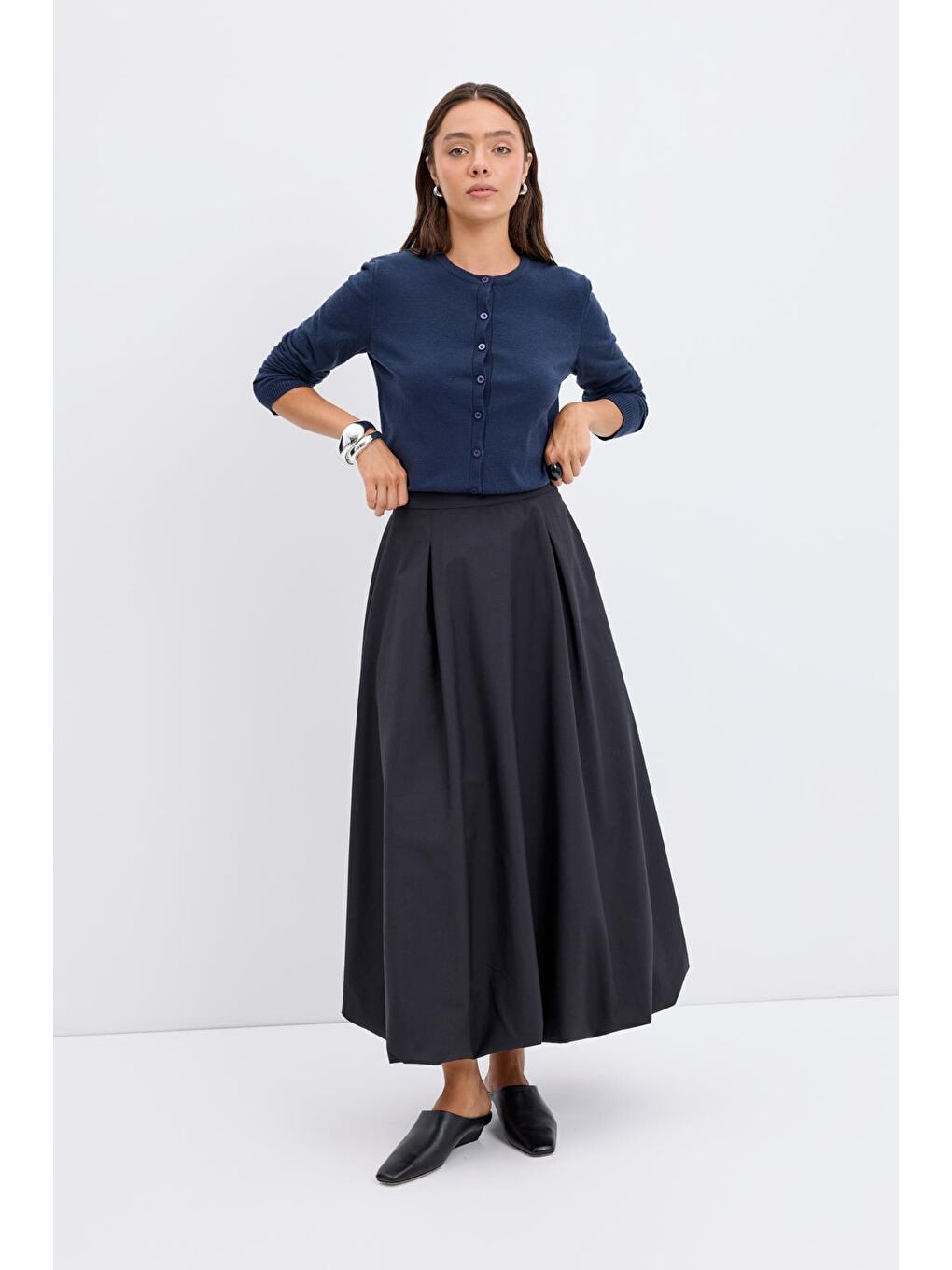 Yüksek Bel Pile Detaylı Balon Etek Siyah