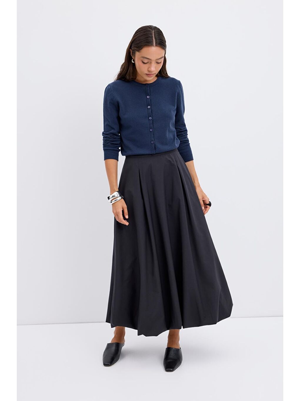 Yüksek Bel Pile Detaylı Balon Etek Siyah-1