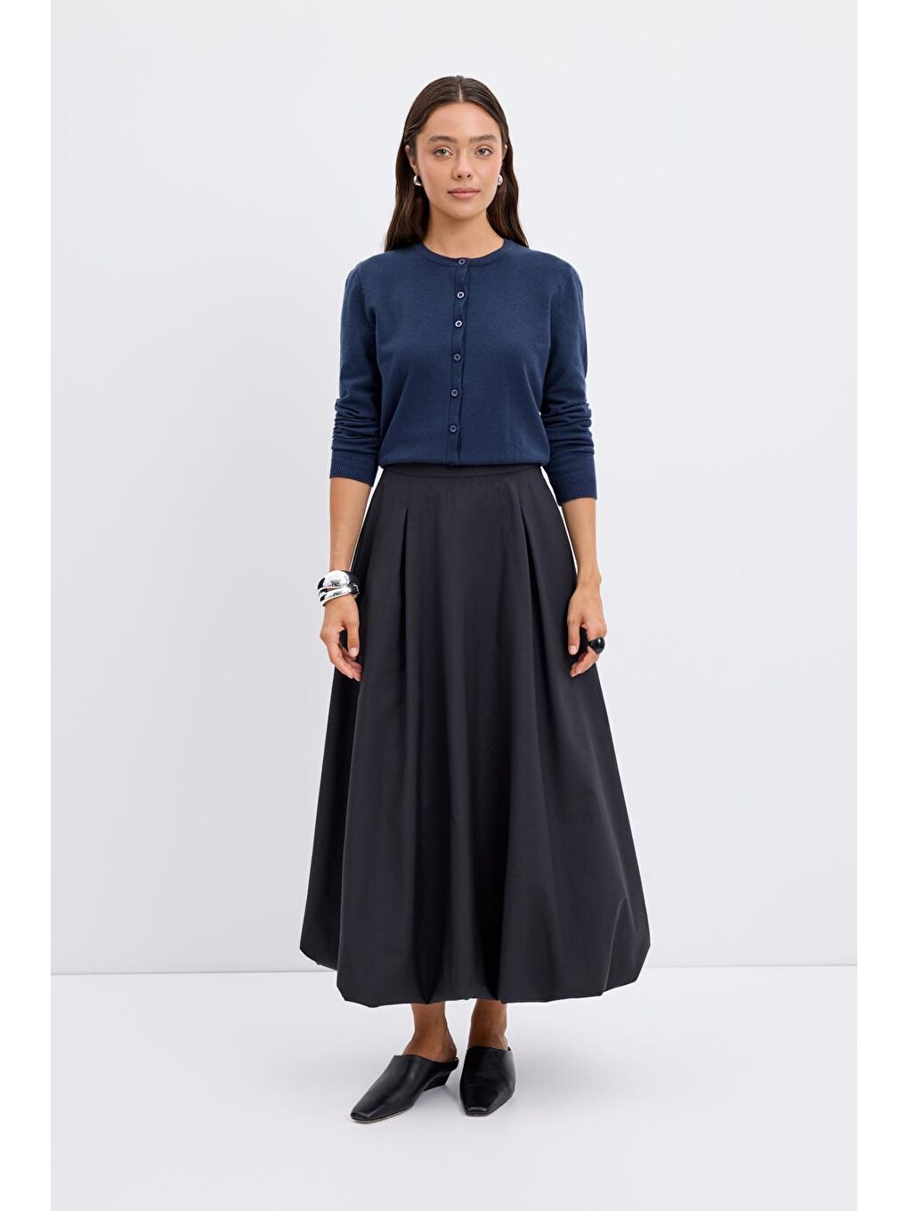 Yüksek Bel Pile Detaylı Balon Etek Siyah-2