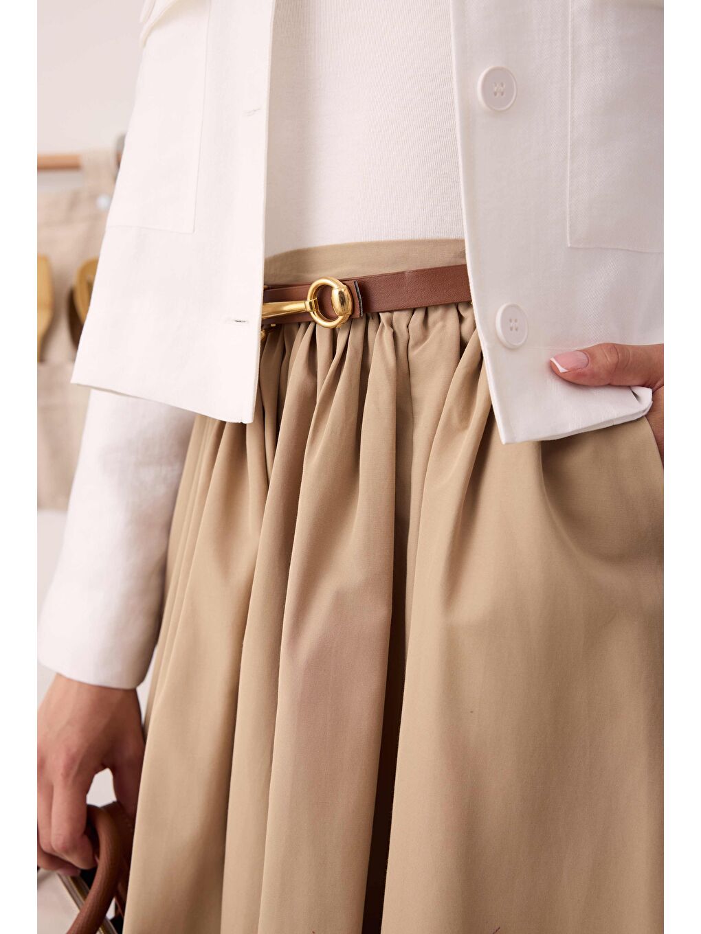 Büzgülü Kanvas Etek Koyu Bej-3