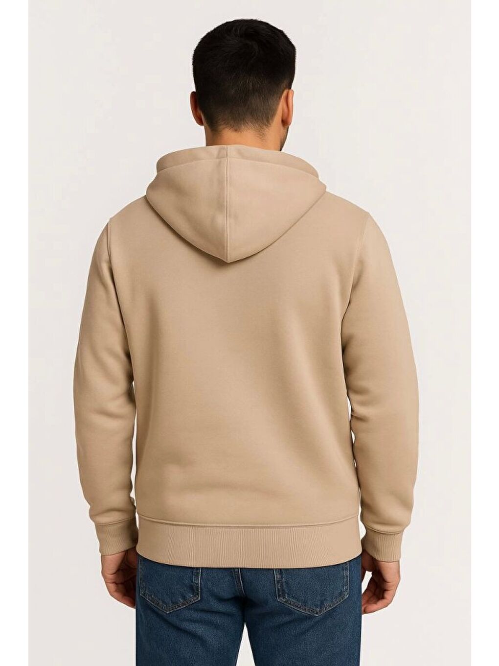 Erkek Üç İplik Kapüşonlu Tam Fermuarlı Kanguru Çepli SweatShirt Hoodie - Bej-1