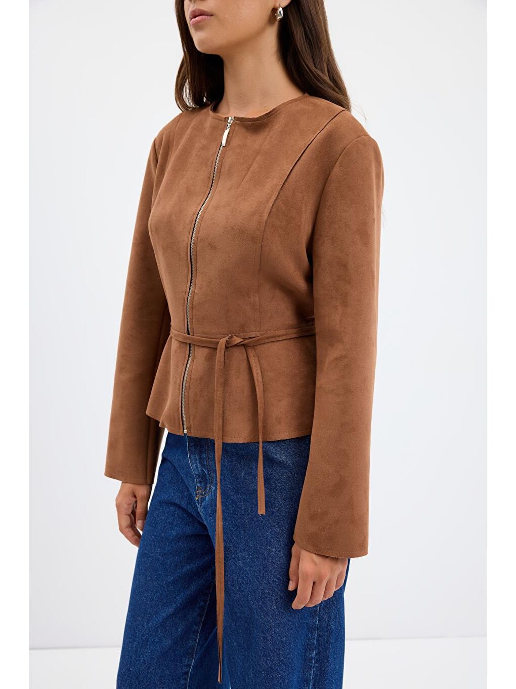 Kahverengi Fermuarlı Bisiklet Yaka Kısa Süet Ceket Taba-2