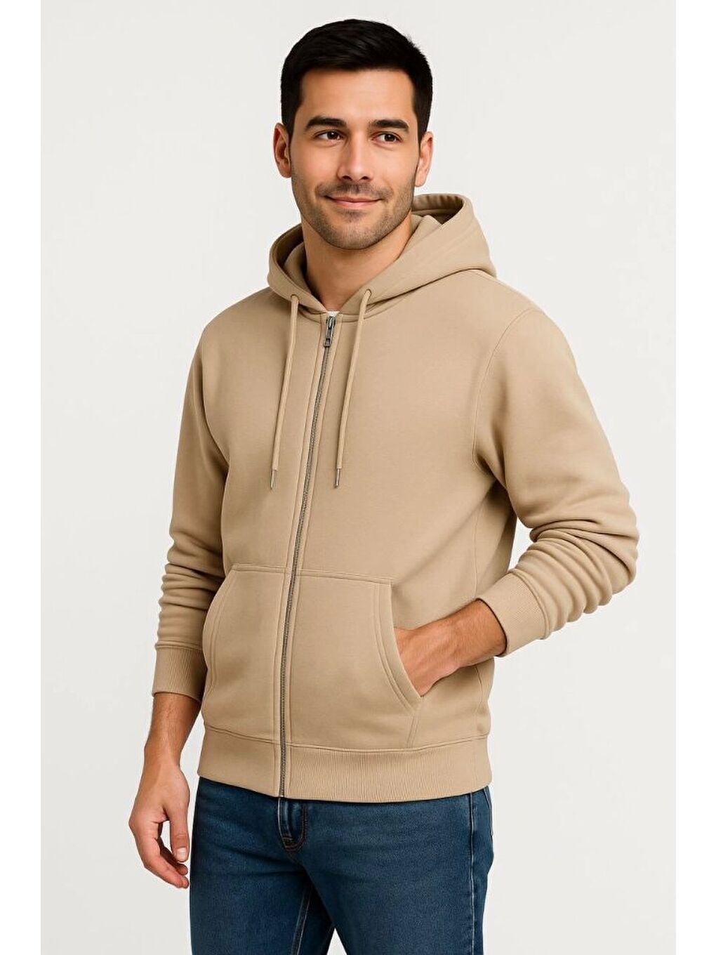 Erkek Üç İplik Kapüşonlu Tam Fermuarlı Kanguru Çepli SweatShirt Hoodie - Bej-2