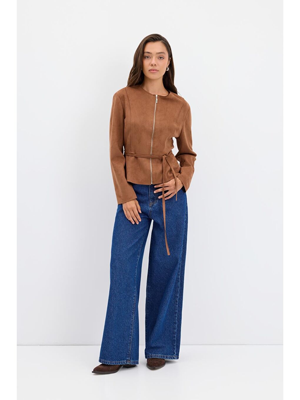 Kahverengi Fermuarlı Bisiklet Yaka Kısa Süet Ceket Taba-3