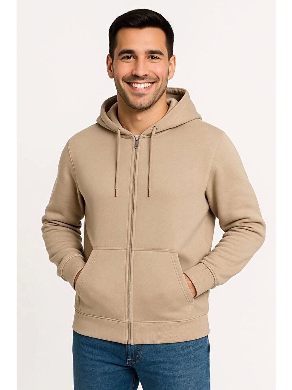 Erkek Üç İplik Kapüşonlu Tam Fermuarlı Kanguru Çepli SweatShirt Hoodie - Bej-3