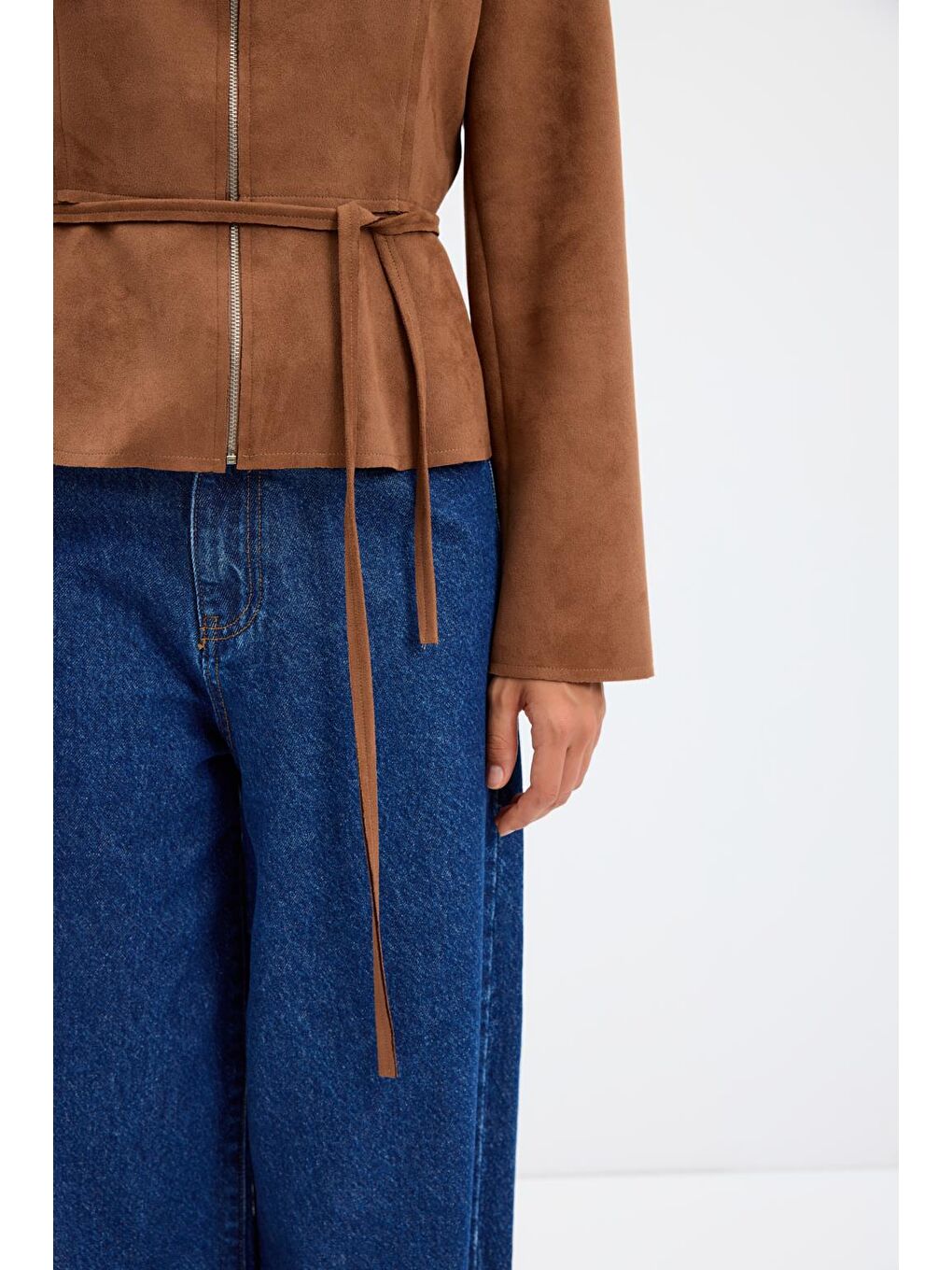 Kahverengi Fermuarlı Bisiklet Yaka Kısa Süet Ceket Taba-5