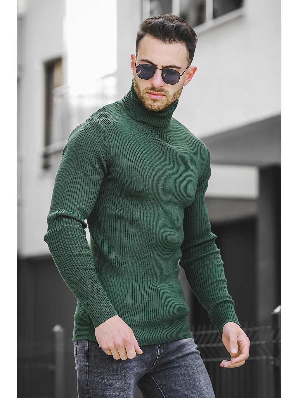 Oksit Yeşil 813 İnce Fitilli Slim Fit Erkek Boğazlı Kazak