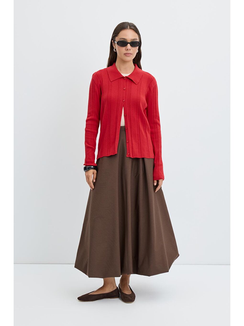 Kahverengi Yüksek Bel Pile Detaylı Balon Etek Kahve-2