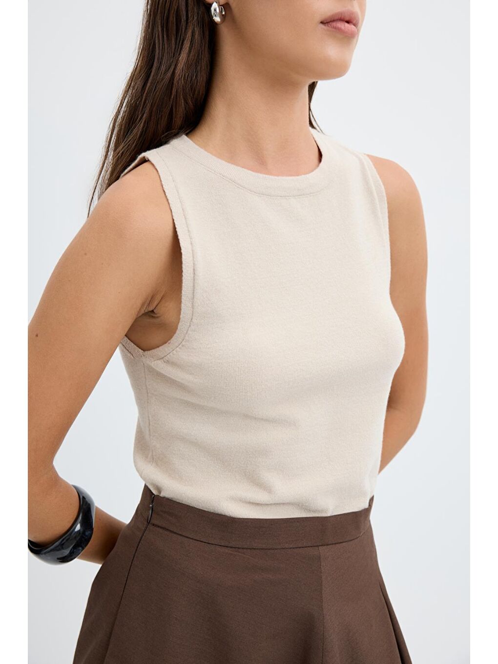 Kahverengi Yüksek Bel Pile Detaylı Balon Etek Kahve-3