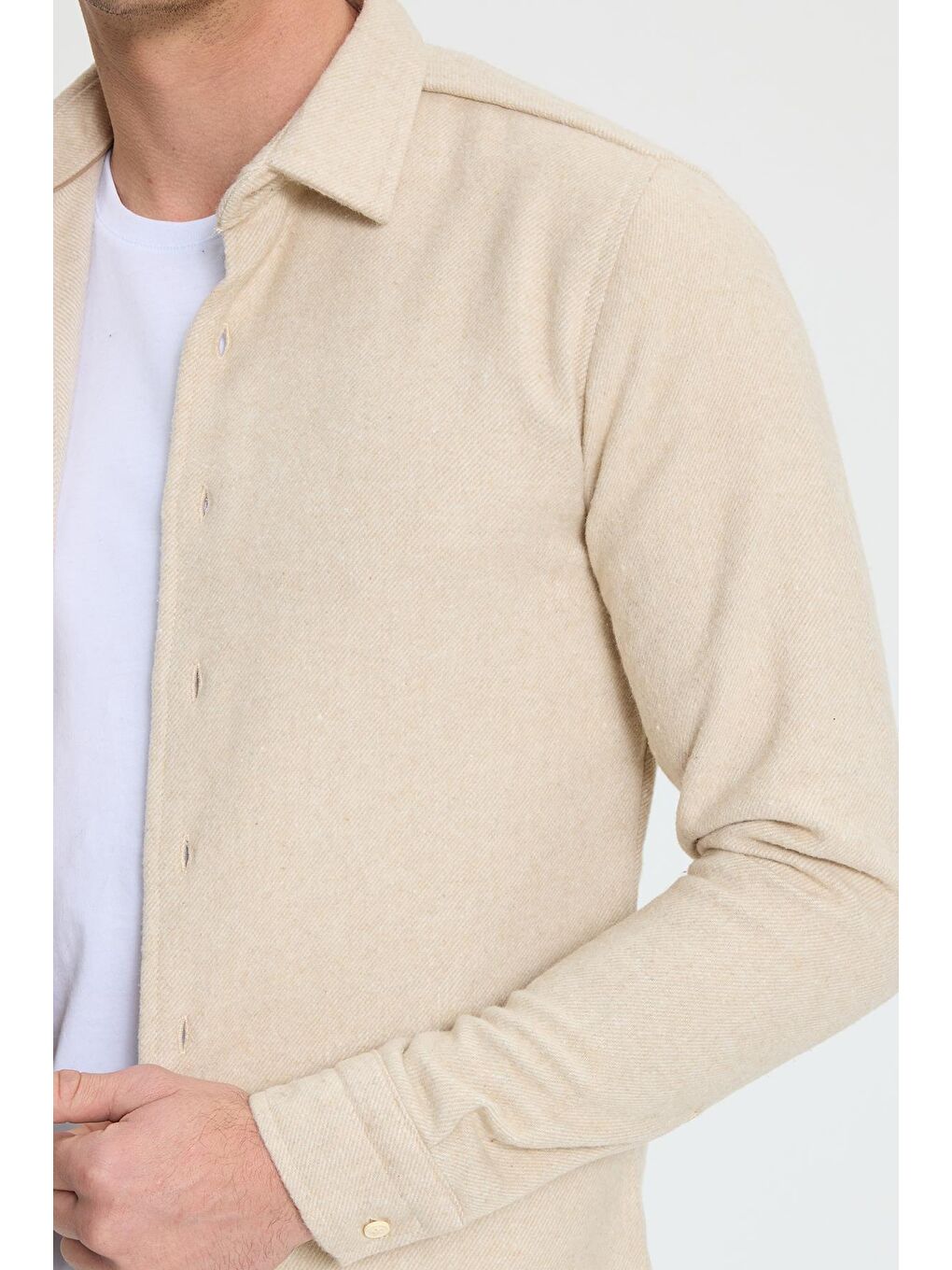 Erkek Slim Fit Dar Kesim Uzun Kollu Düz Kışlık Oduncu Bej Gömlek-1