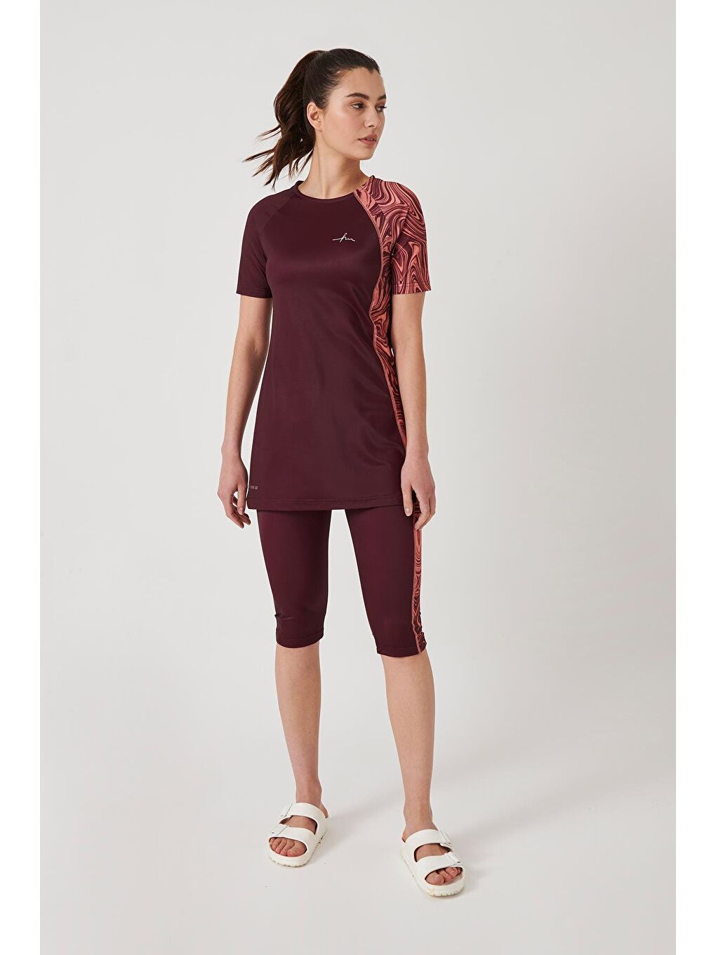 Kolu Desenli Mürdüm 3 Parça Yarı Kapalı Mayo Takımı 3085