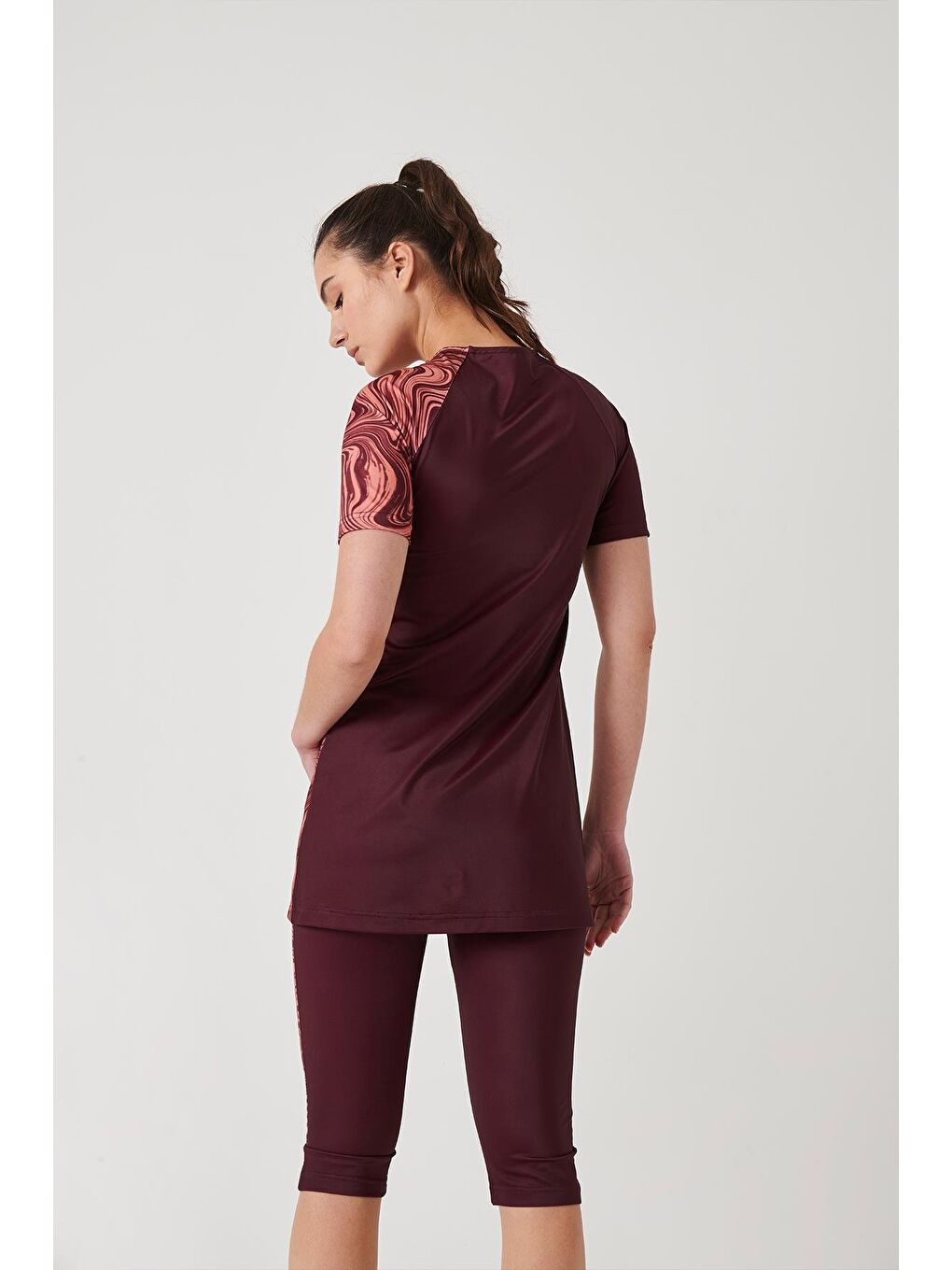 Kolu Desenli Mürdüm 3 Parça Yarı Kapalı Mayo Takımı 3085-1