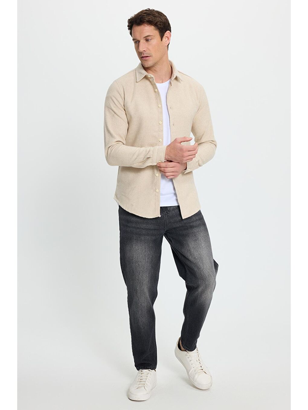 Erkek Slim Fit Dar Kesim Uzun Kollu Düz Kışlık Oduncu Bej Gömlek-2