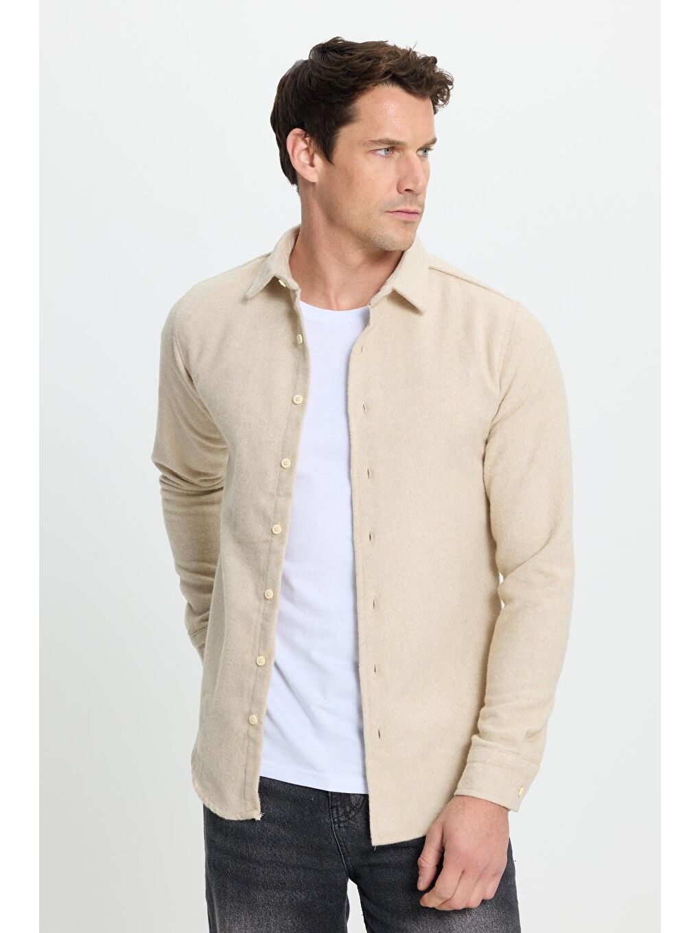 Erkek Slim Fit Dar Kesim Uzun Kollu Düz Kışlık Oduncu Bej Gömlek-3