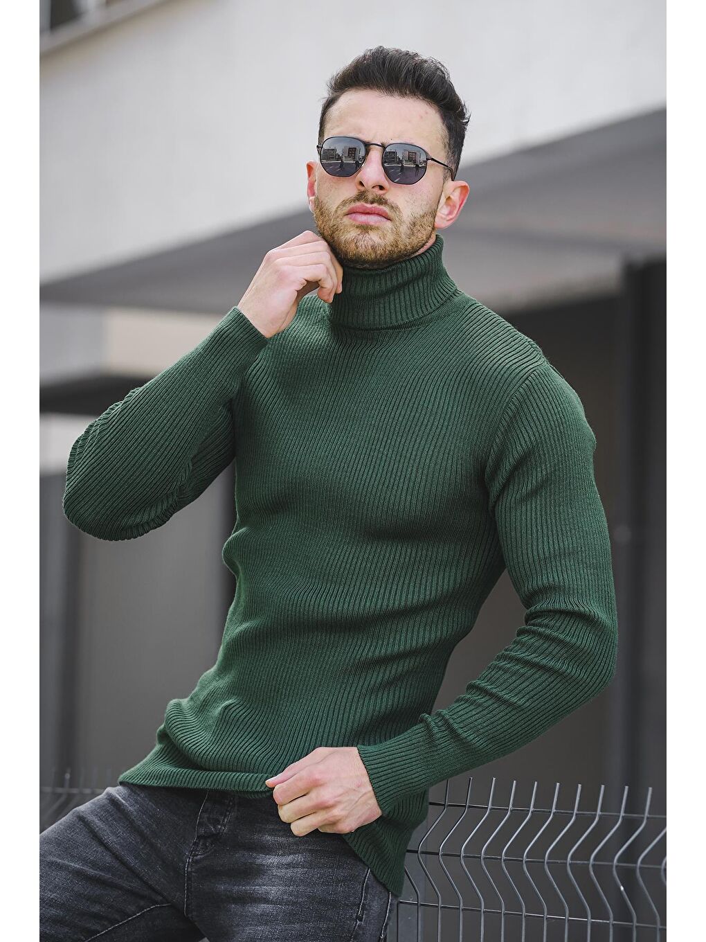 Oksit Yeşil 813 İnce Fitilli Slim Fit Erkek Boğazlı Kazak - 1