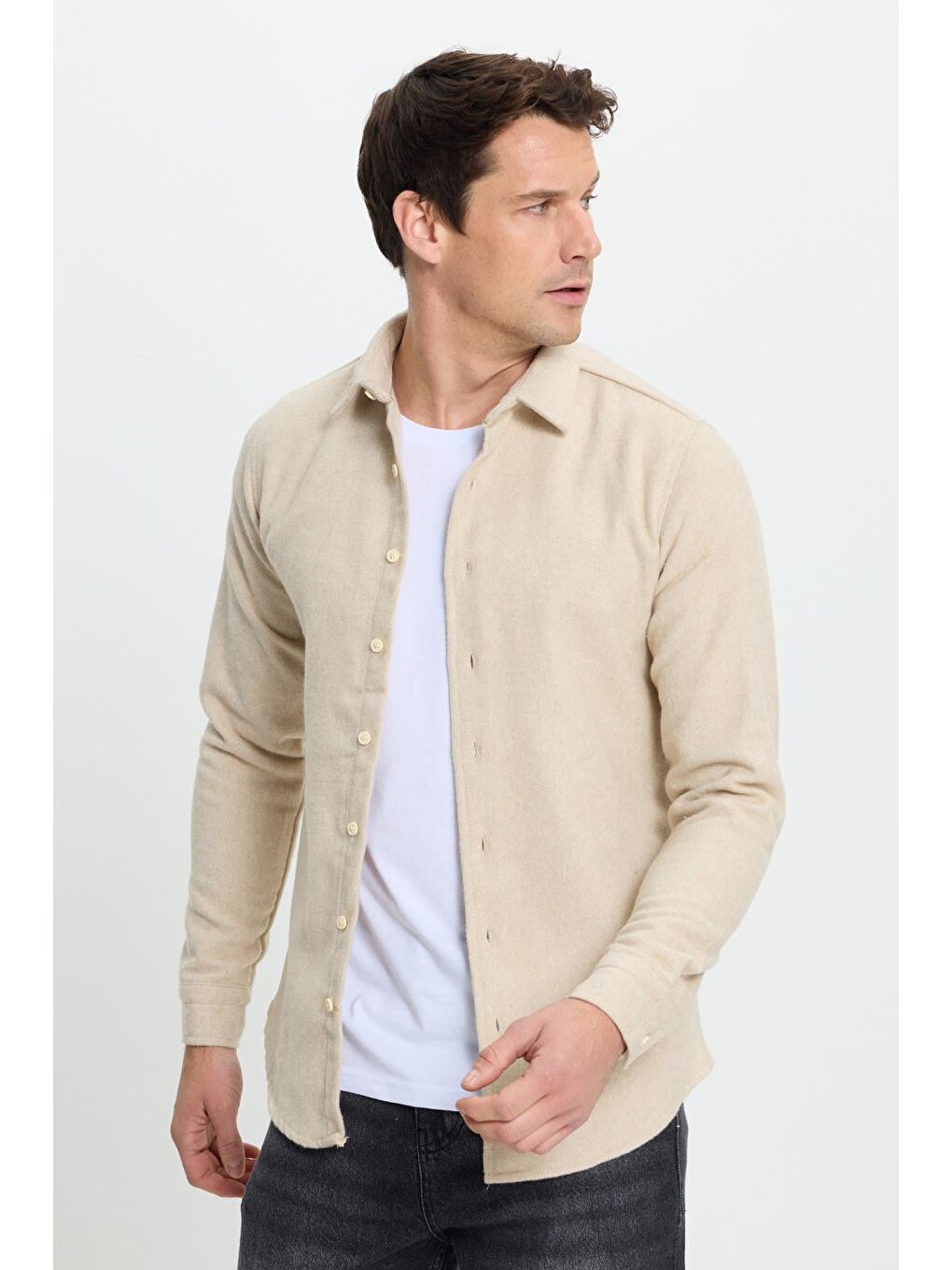 Erkek Slim Fit Dar Kesim Uzun Kollu Düz Kışlık Oduncu Bej Gömlek-4