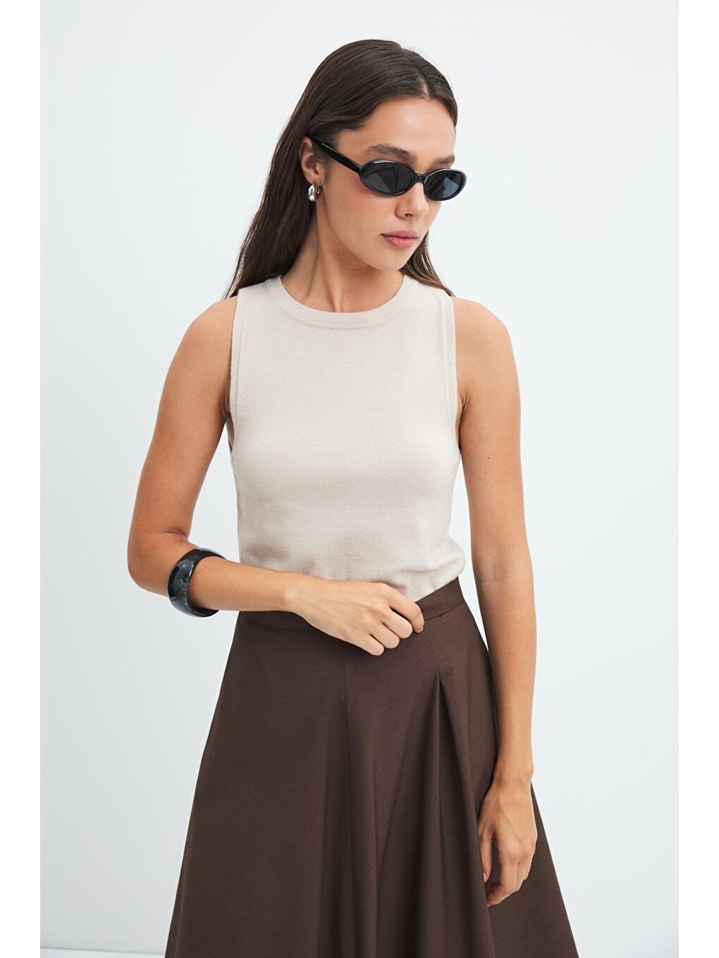 Kahverengi Yüksek Bel Pile Detaylı Balon Etek Kahve-5