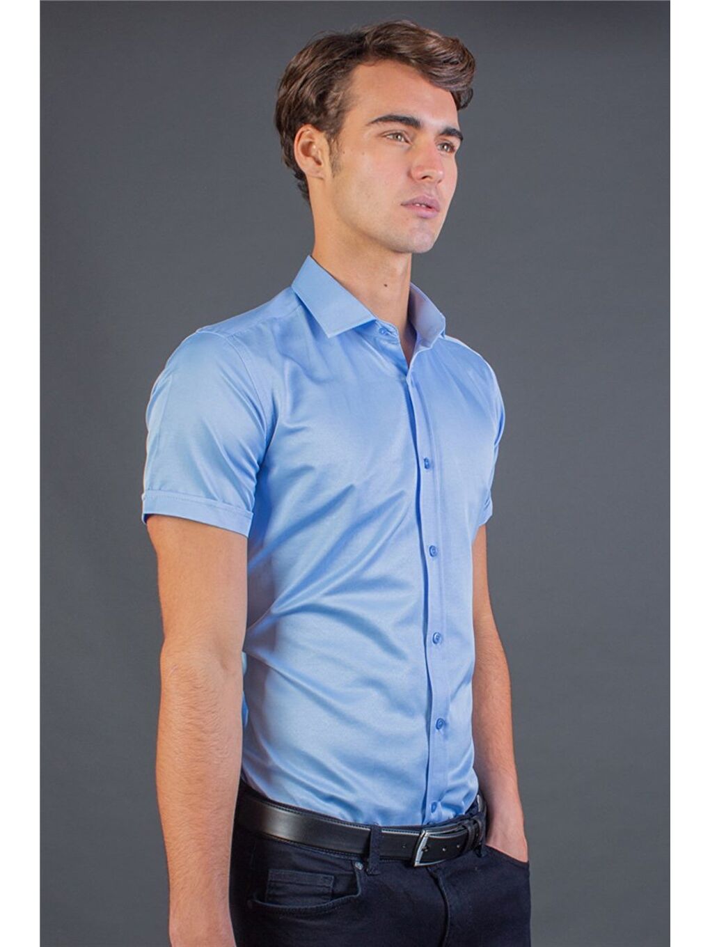 Modern Slim Fit Kısa Kollu Düz Saten Erkek Mavi Gömlek-1