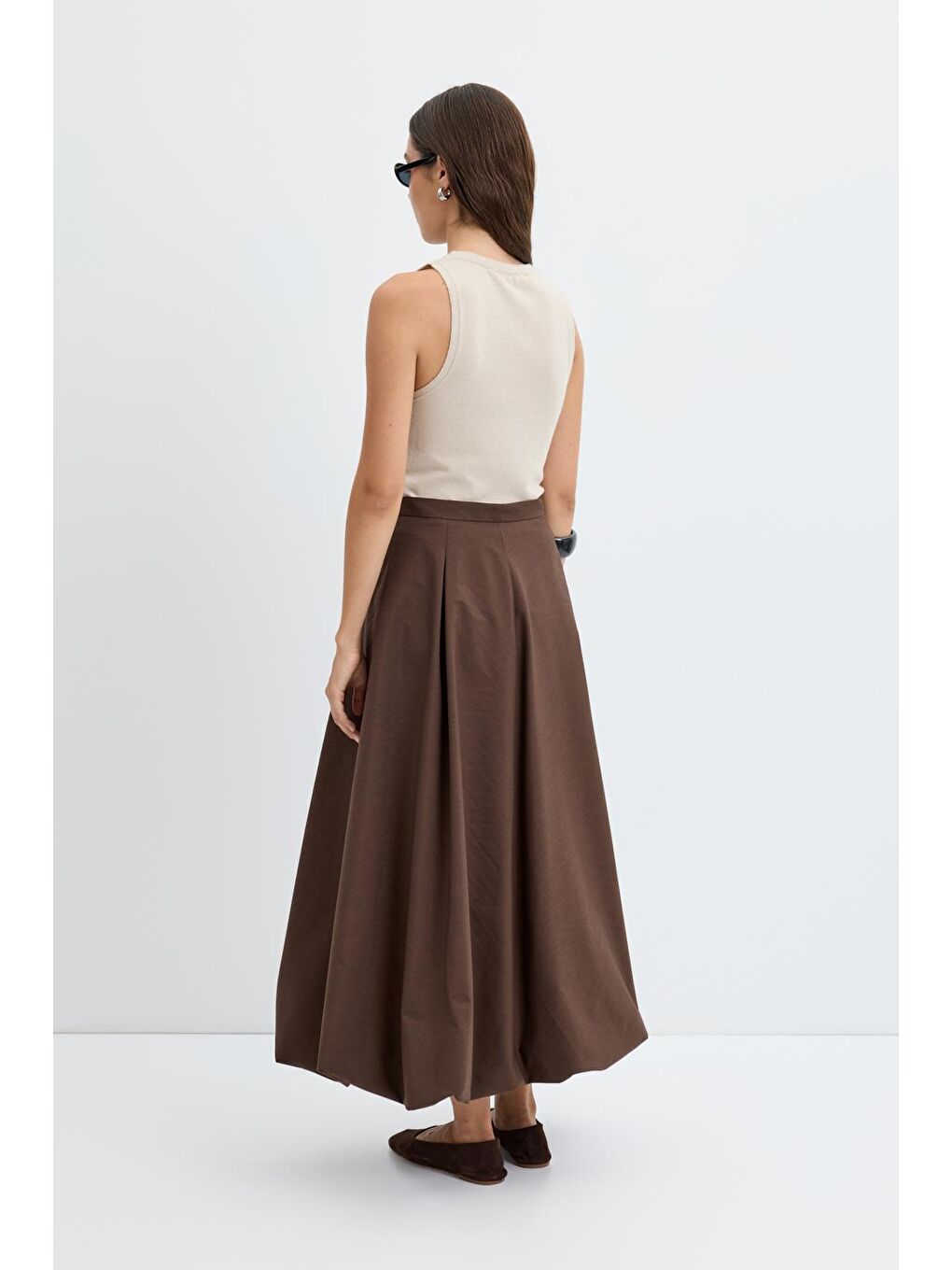 Kahverengi Yüksek Bel Pile Detaylı Balon Etek Kahve-6