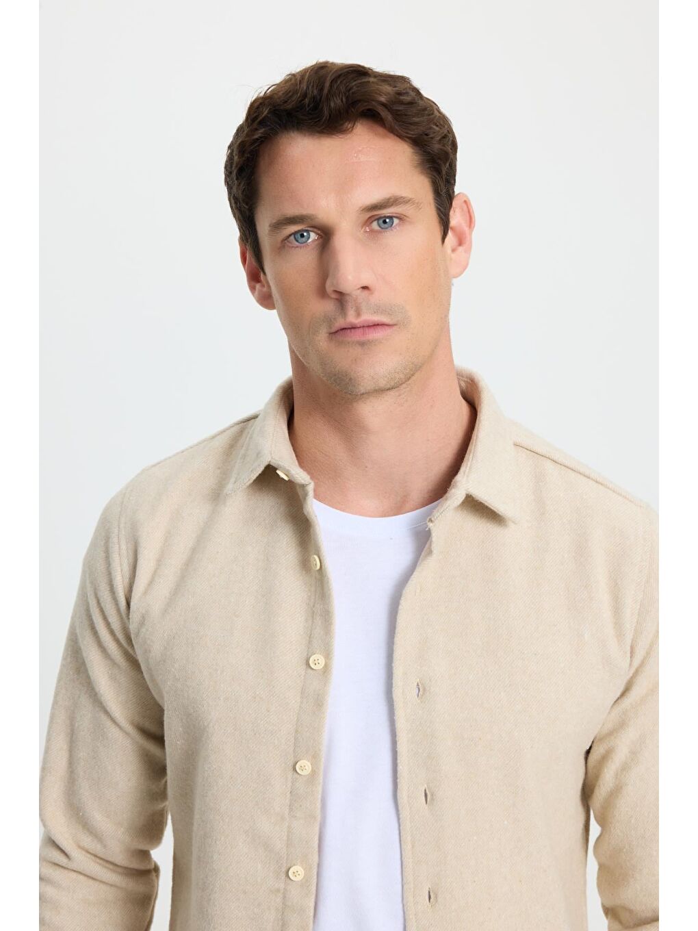 Erkek Slim Fit Dar Kesim Uzun Kollu Düz Kışlık Oduncu Bej Gömlek-6