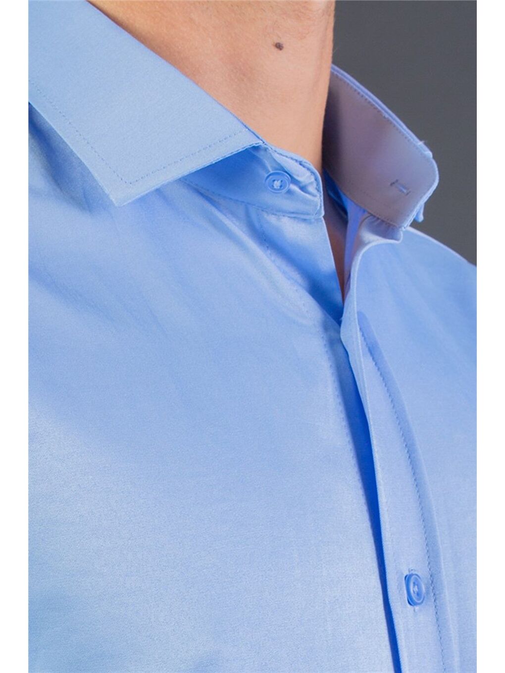 Modern Slim Fit Kısa Kollu Düz Saten Erkek Mavi Gömlek-2