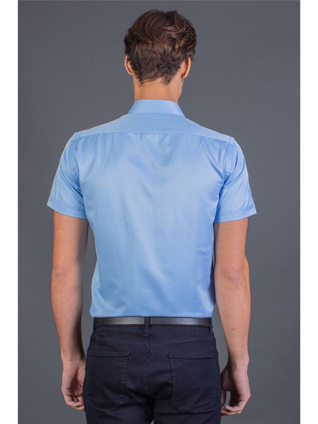 Modern Slim Fit Kısa Kollu Düz Saten Erkek Mavi Gömlek-3