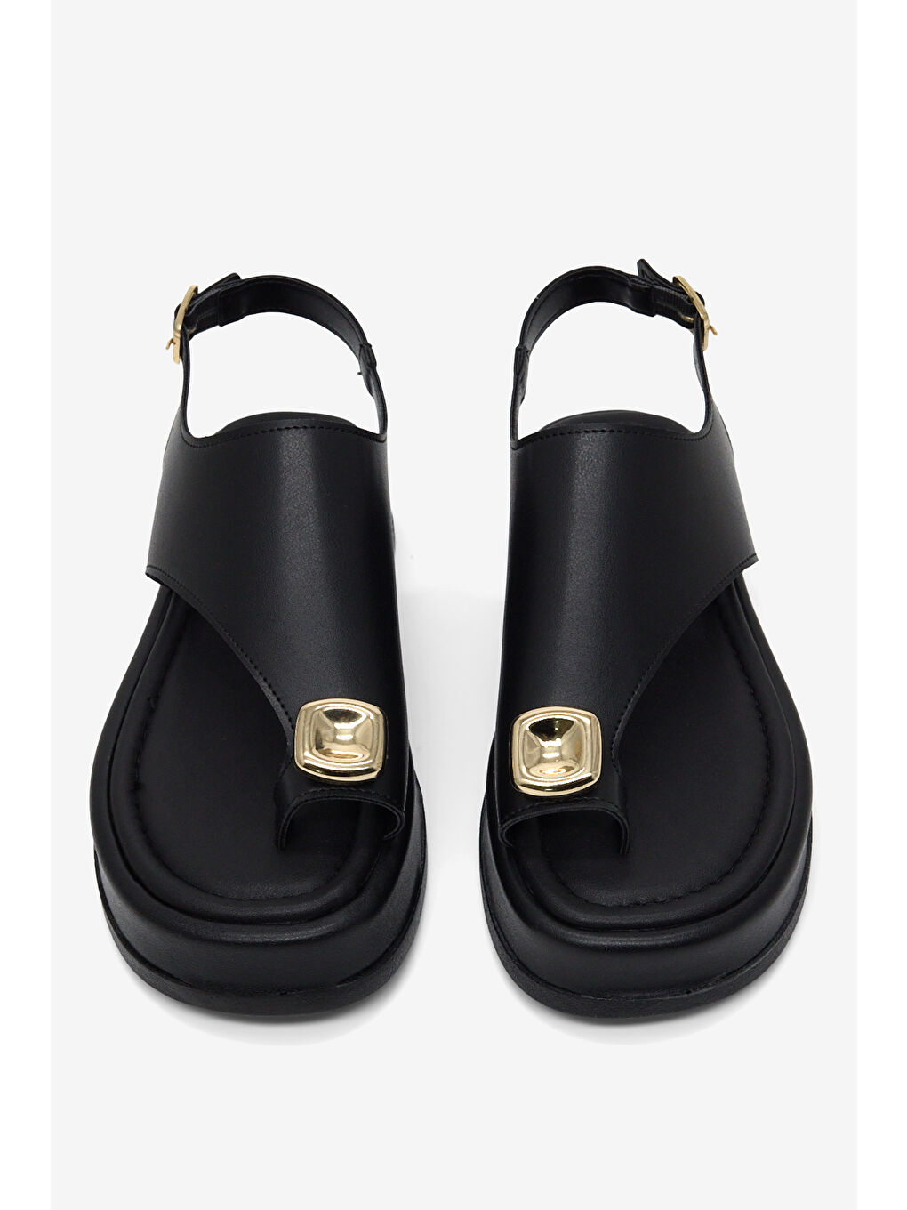 Kadın Siyah Rahat Kalıp Taşlı Parmak Arası Detaylı Sandalet