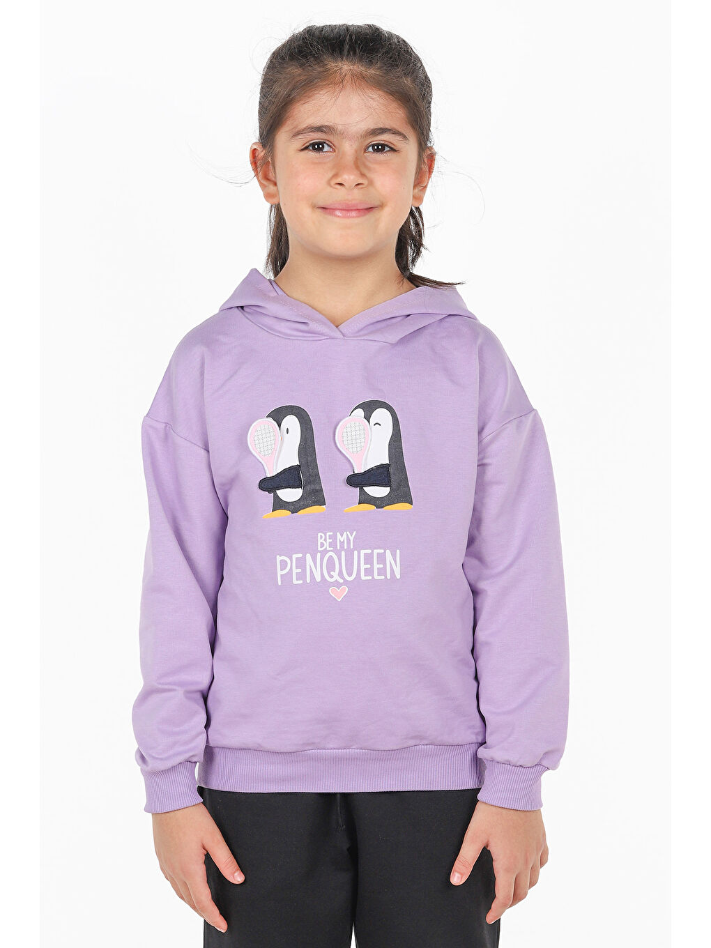 KİKO Lila Kapüşonlu Baskılı Nakışlı Uzun Kollu Kız Çocuk Sweatshirt